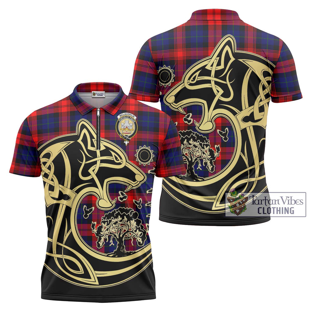 McLaughlin Tartan Zipper Polo Shirt with Family Crest Celtic Wolf Style Unisex - Tartanvibesclothing Shop