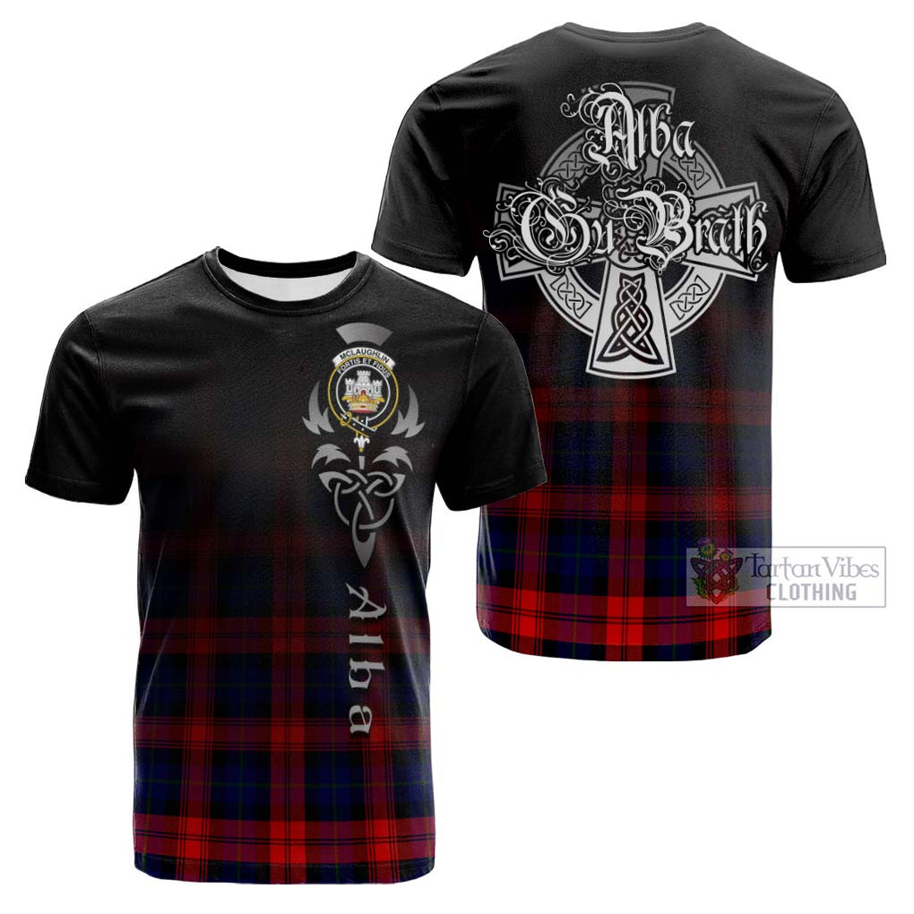 Tartan Vibes Clothing McLaughlin Tartan Cotton T-shirt Featuring Alba Gu Brath Family Crest Celtic Inspired