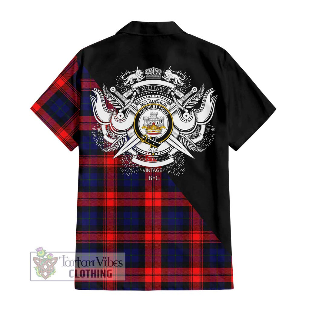 McLaughlin Tartan Short Sleeve Button Shirt with Family Crest and Military Logo Style - Tartanvibesclothing Shop