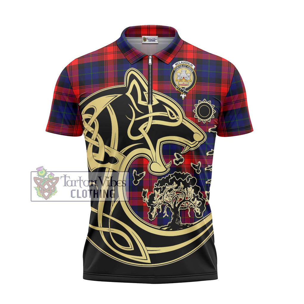 McLaughlin Tartan Zipper Polo Shirt with Family Crest Celtic Wolf Style - Tartanvibesclothing Shop