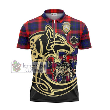 McLaughlin Tartan Zipper Polo Shirt with Family Crest Celtic Wolf Style