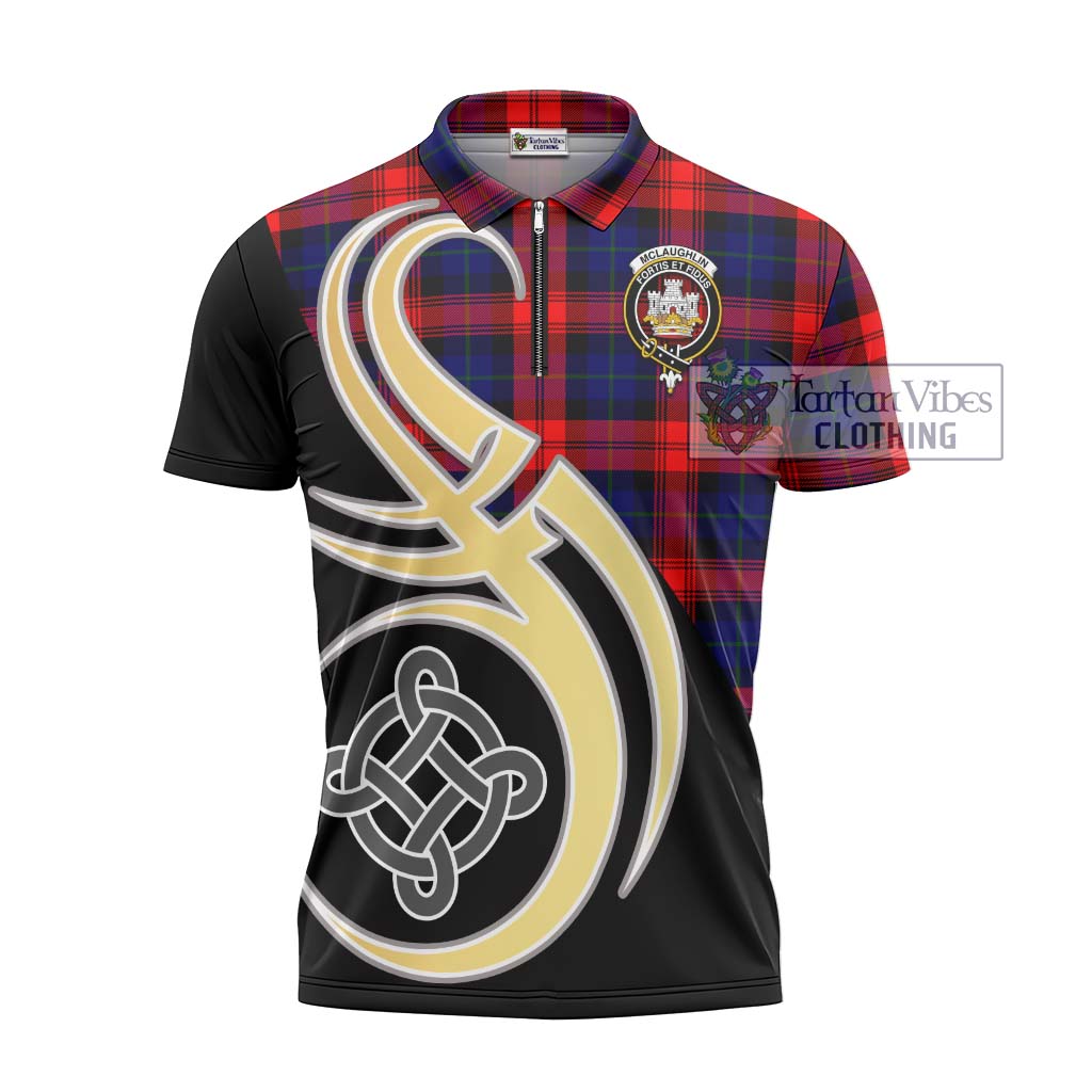 Tartan Vibes Clothing McLaughlin Tartan Zipper Polo Shirt with Family Crest and Celtic Symbol Style