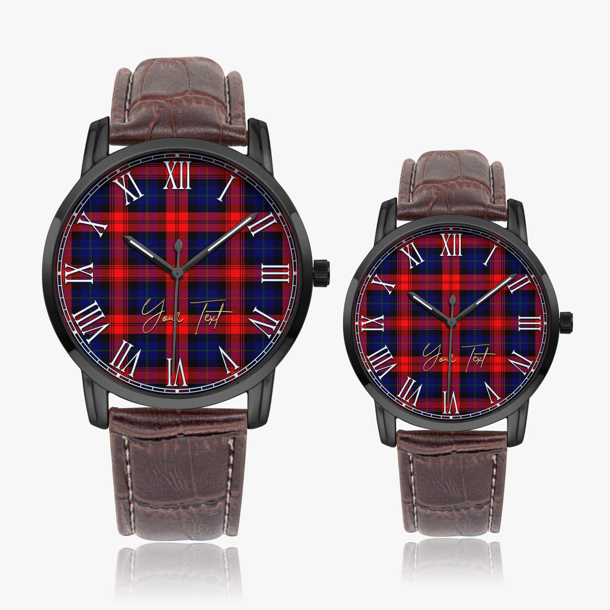 McLaughlin Tartan Personalized Your Text Leather Trap Quartz Watch Wide Type Black Case With Brown Leather Strap - Tartanvibesclothing