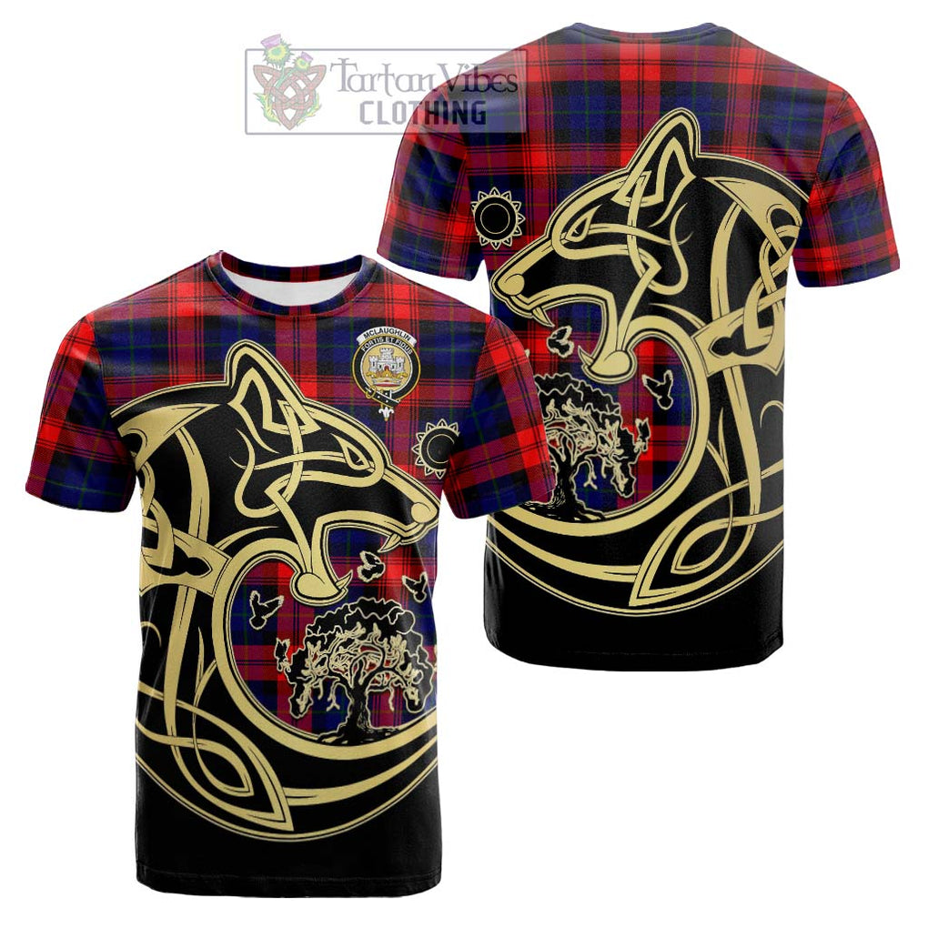 Tartan Vibes Clothing McLaughlin Tartan Cotton T-shirt with Family Crest Celtic Wolf Style