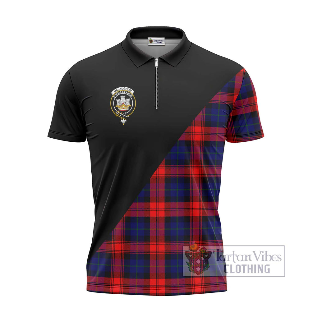 McLaughlin Tartan Zipper Polo Shirt with Family Crest and Military Logo Style - Tartanvibesclothing Shop