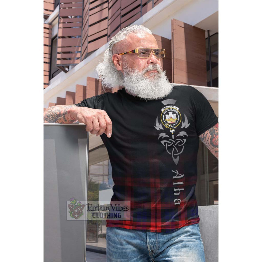 Tartan Vibes Clothing McLaughlin Tartan Cotton T-shirt Featuring Alba Gu Brath Family Crest Celtic Inspired