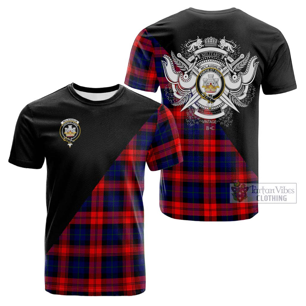 Tartan Vibes Clothing McLaughlin Tartan Cotton T-shirt with Family Crest and Military Logo Style