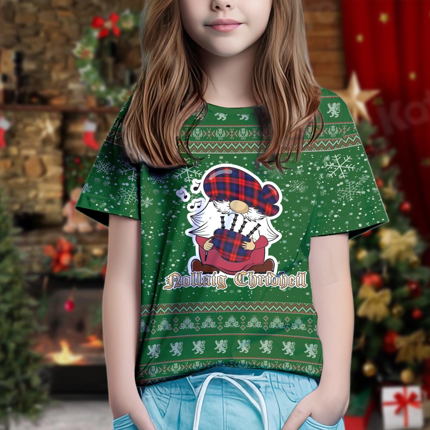 McLaughlin Clan Christmas Family T-Shirt with Funny Gnome Playing Bagpipes Kid's Shirt Green - Tartanvibesclothing