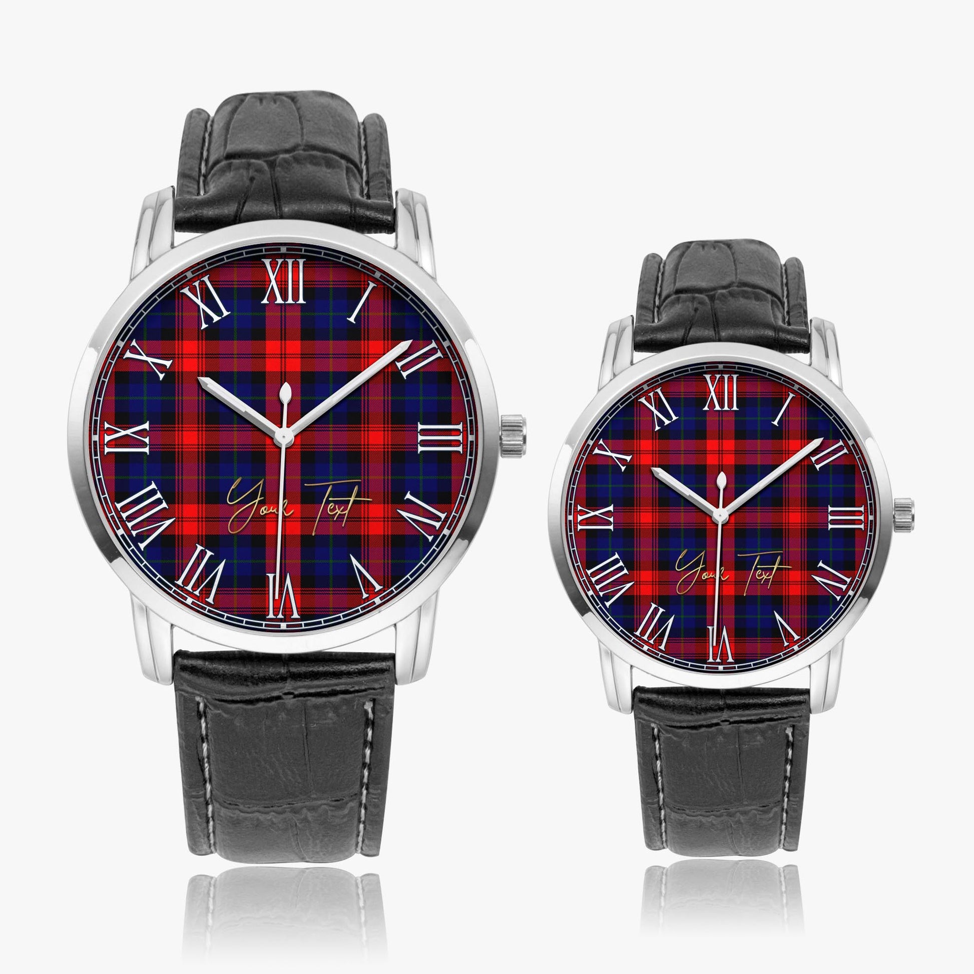 McLaughlin Tartan Personalized Your Text Leather Trap Quartz Watch Wide Type Silver Case With Black Leather Strap - Tartanvibesclothing