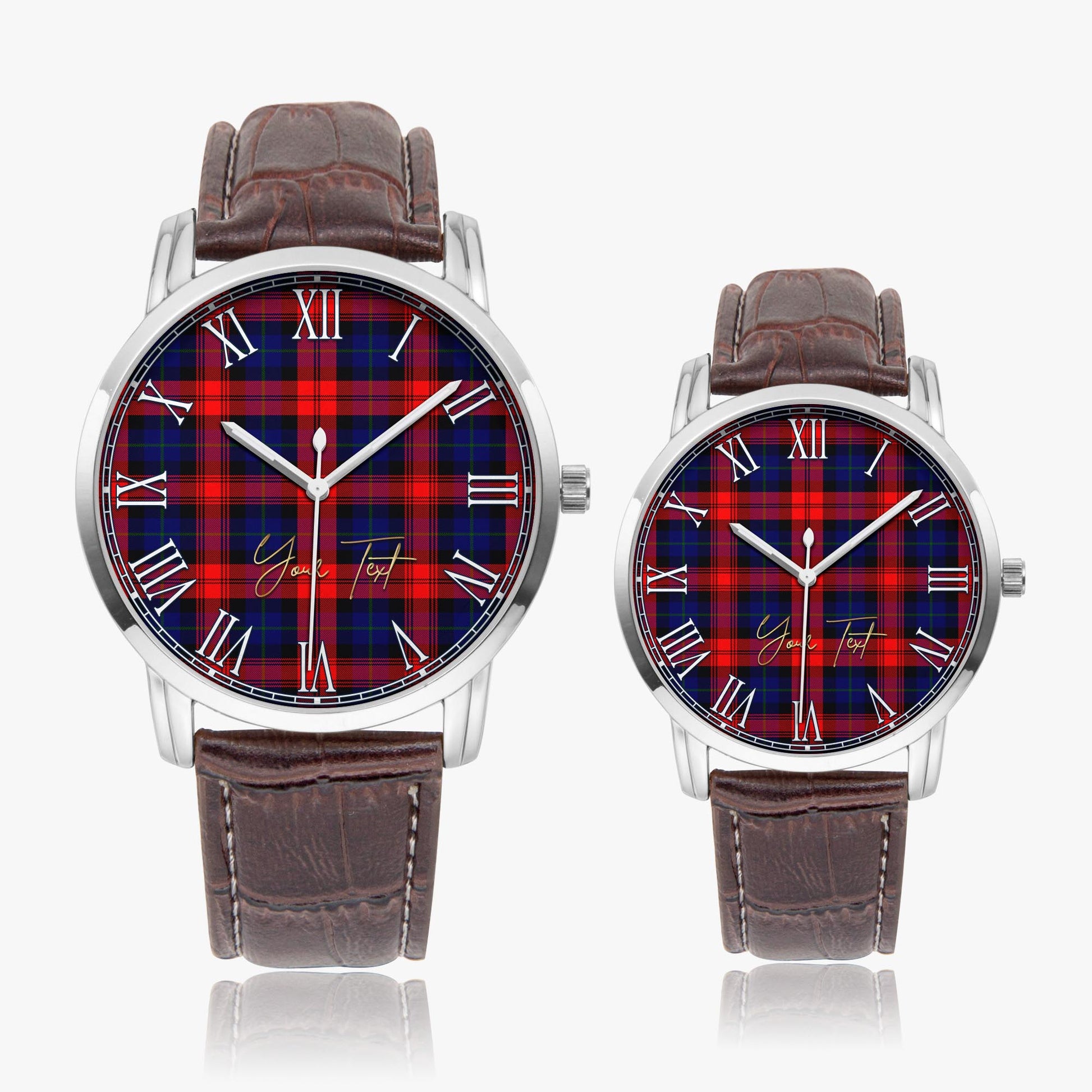 McLaughlin Tartan Personalized Your Text Leather Trap Quartz Watch Wide Type Silver Case With Brown Leather Strap - Tartanvibesclothing