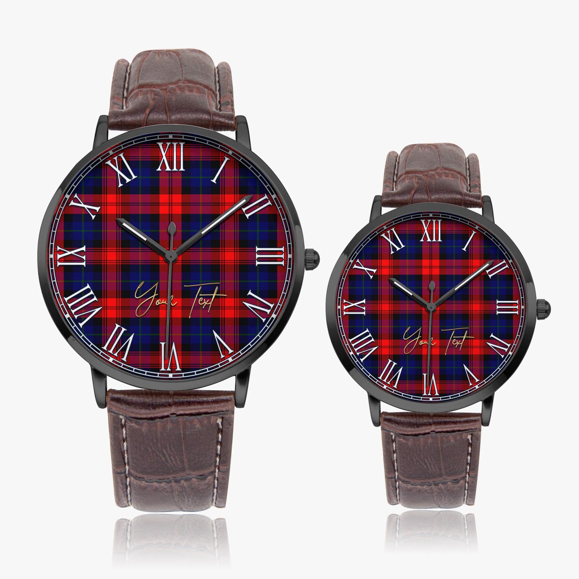 McLaughlin Tartan Personalized Your Text Leather Trap Quartz Watch Ultra Thin Black Case With Brown Leather Strap - Tartanvibesclothing