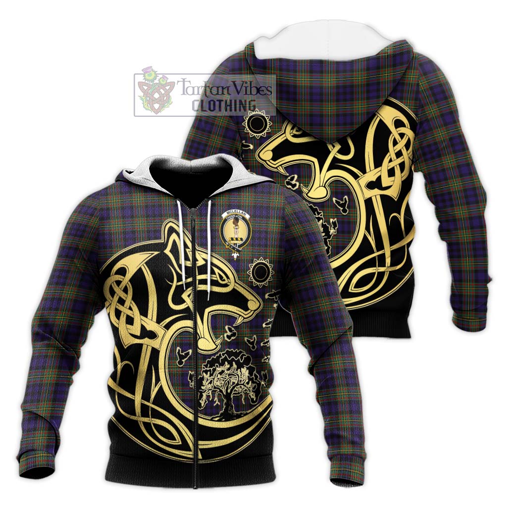 Tartan Vibes Clothing McLellan Tartan Knitted Hoodie with Family Crest Celtic Wolf Style