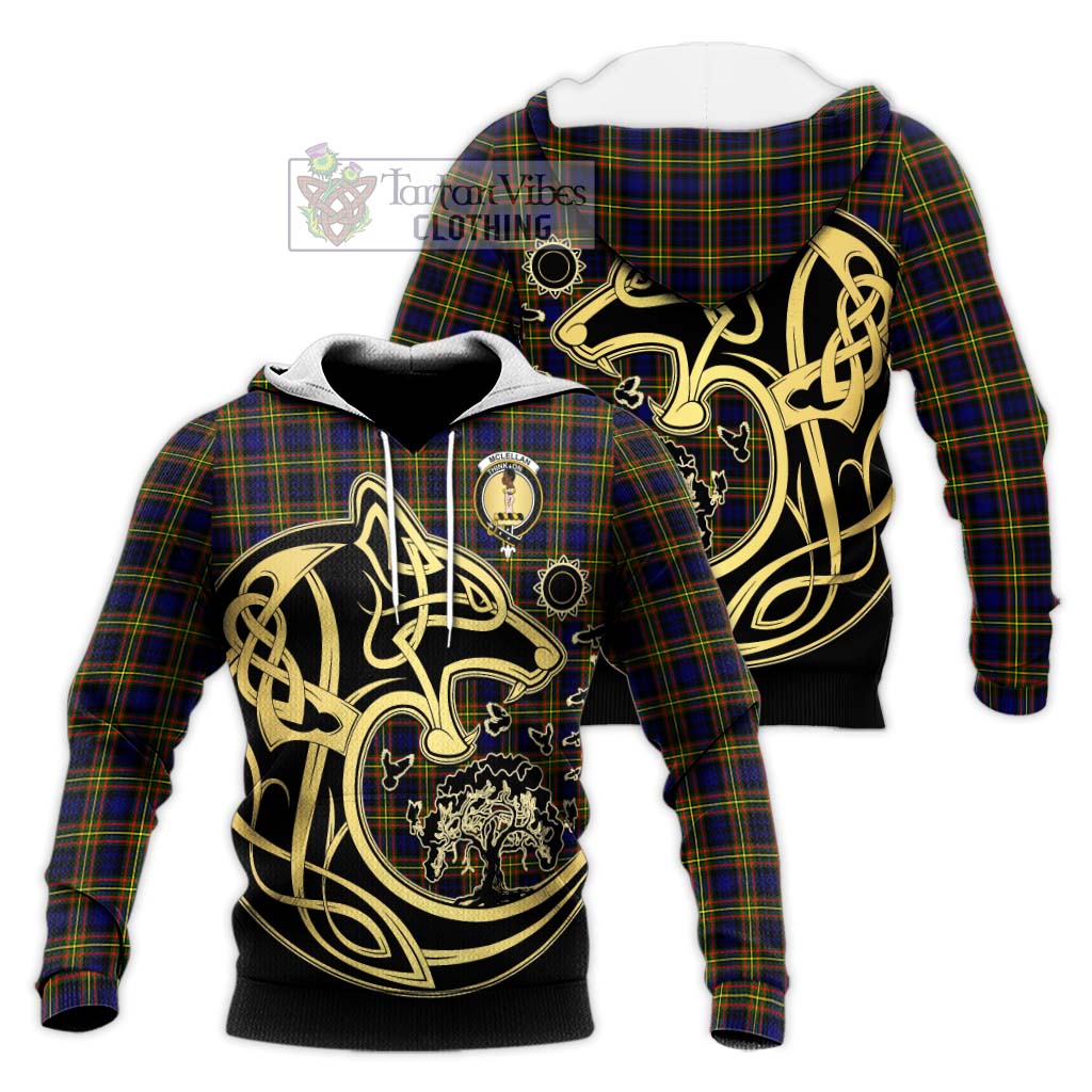 Tartan Vibes Clothing McLellan Modern Tartan Knitted Hoodie with Family Crest Celtic Wolf Style