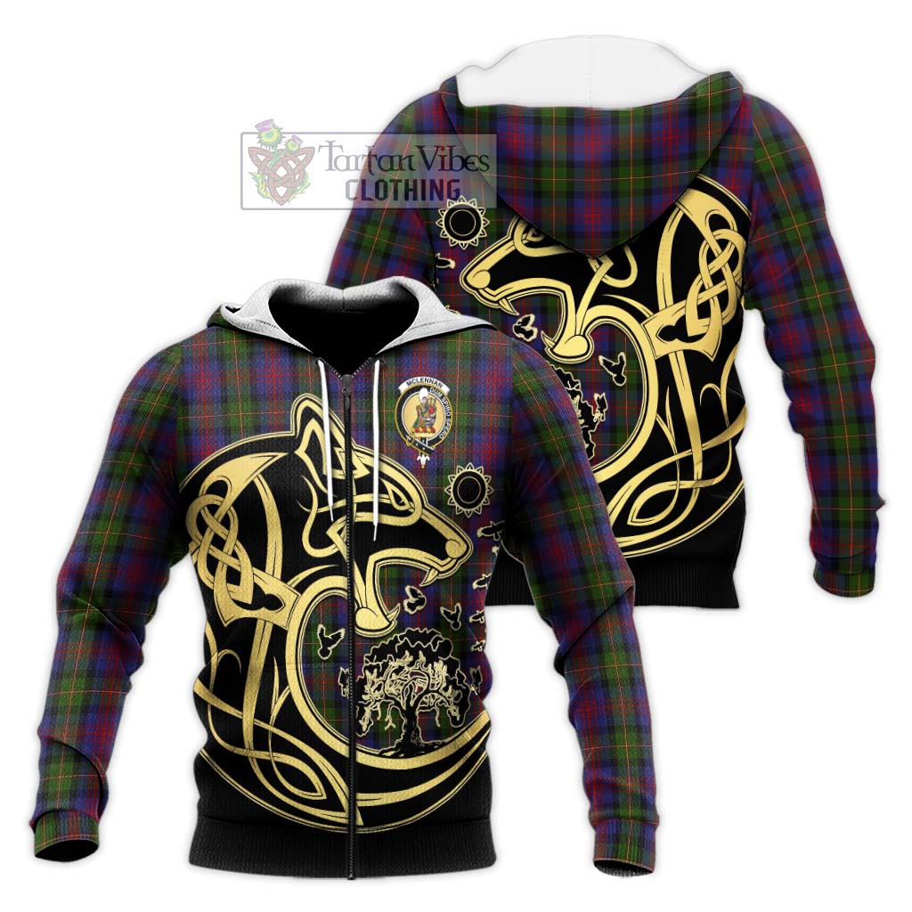 Tartan Vibes Clothing McLennan Tartan Knitted Hoodie with Family Crest Celtic Wolf Style