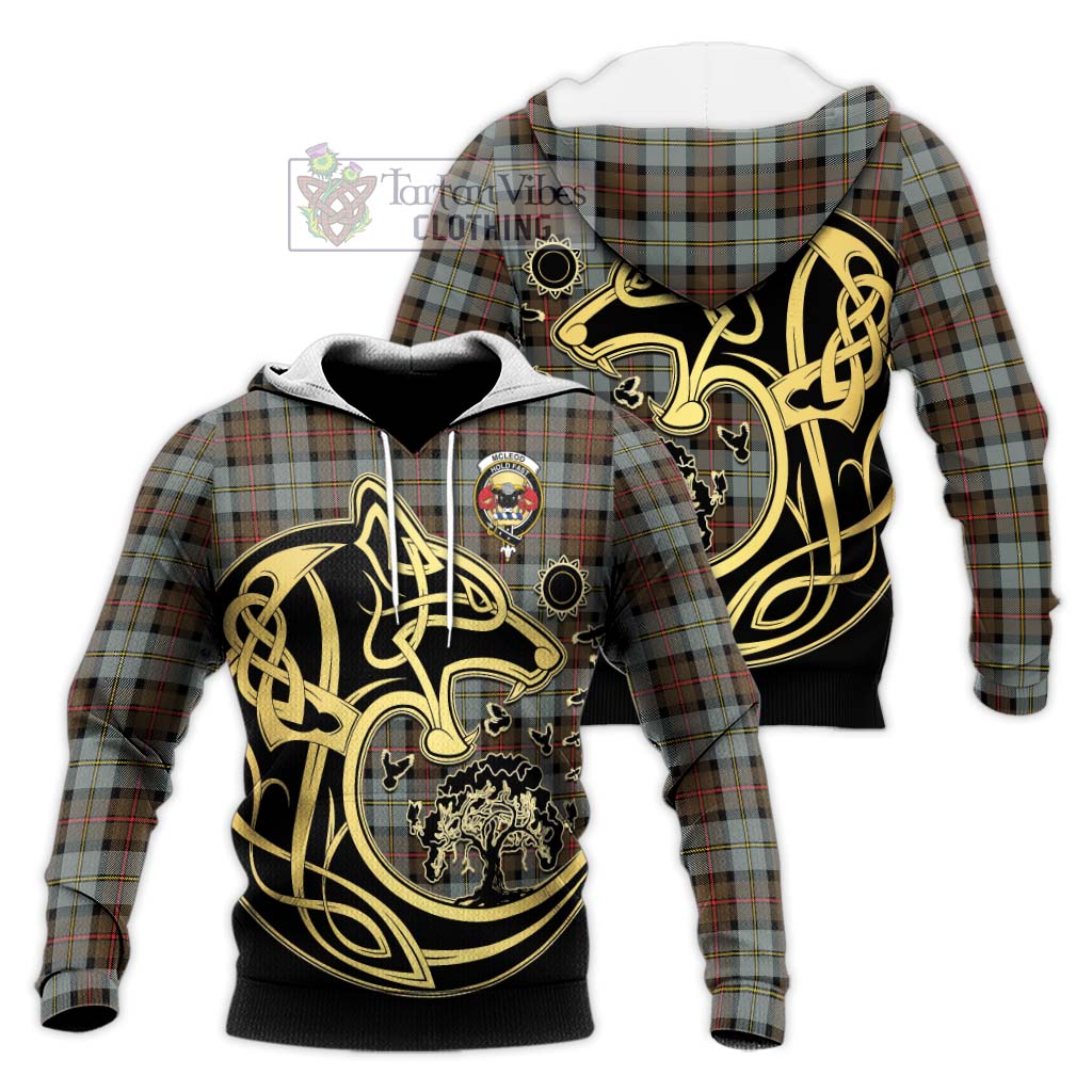 Tartan Vibes Clothing McLeod of Harris Weathered Tartan Knitted Hoodie with Family Crest Celtic Wolf Style