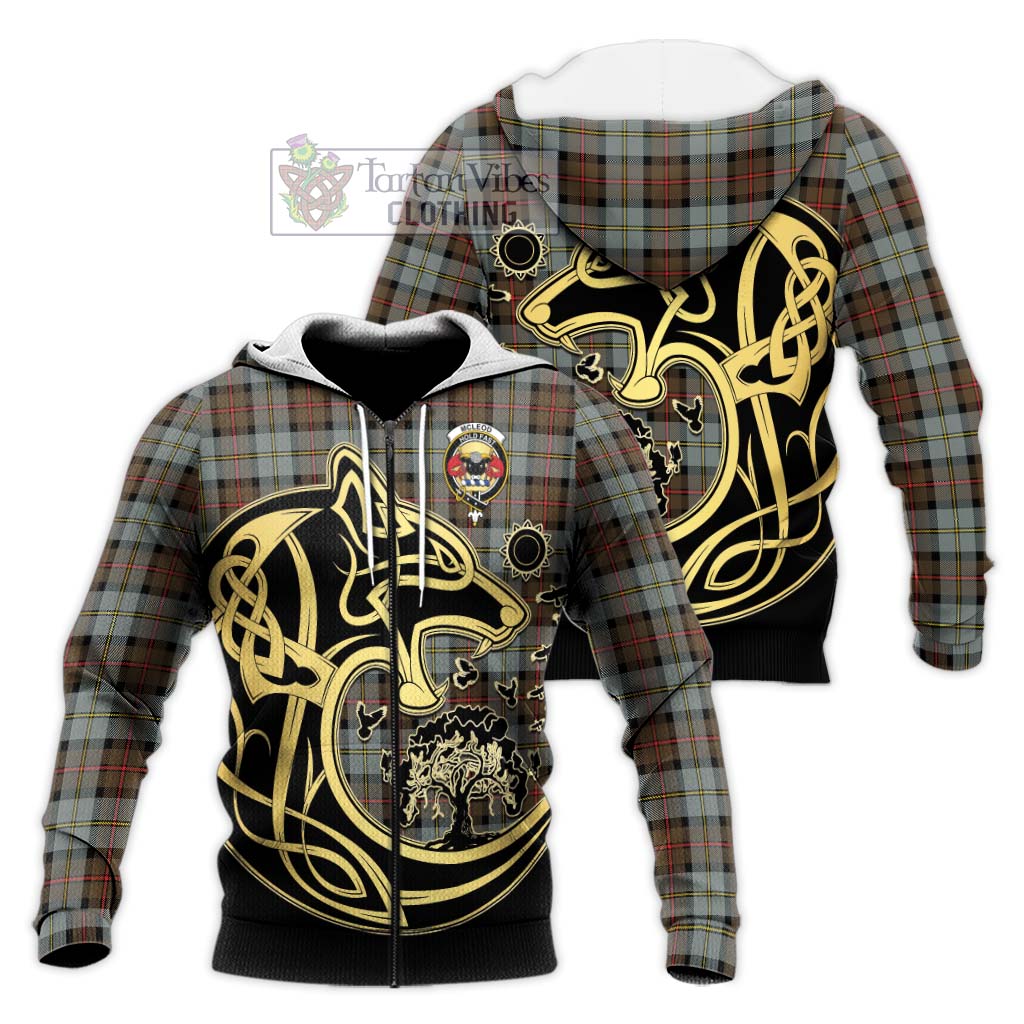 Tartan Vibes Clothing McLeod of Harris Weathered Tartan Knitted Hoodie with Family Crest Celtic Wolf Style