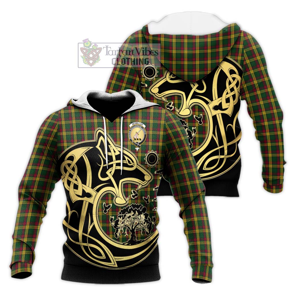 Tartan Vibes Clothing McMillan Ancient Tartan Knitted Hoodie with Family Crest Celtic Wolf Style