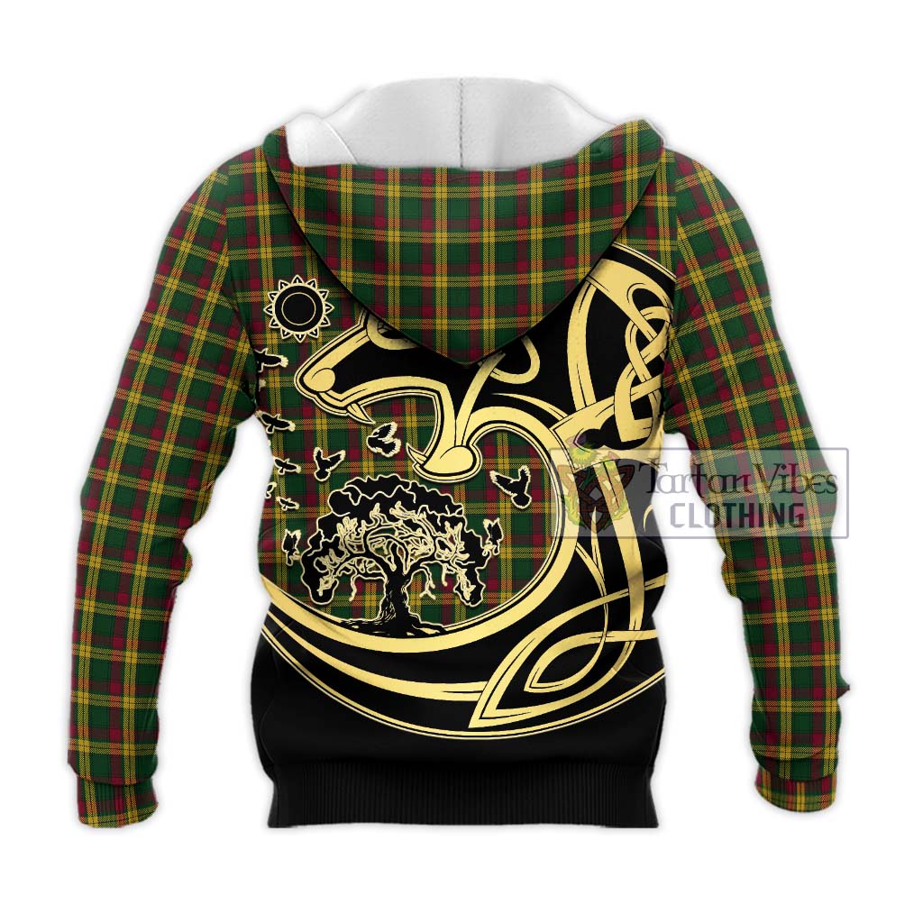 Tartan Vibes Clothing McMillan Ancient Tartan Knitted Hoodie with Family Crest Celtic Wolf Style