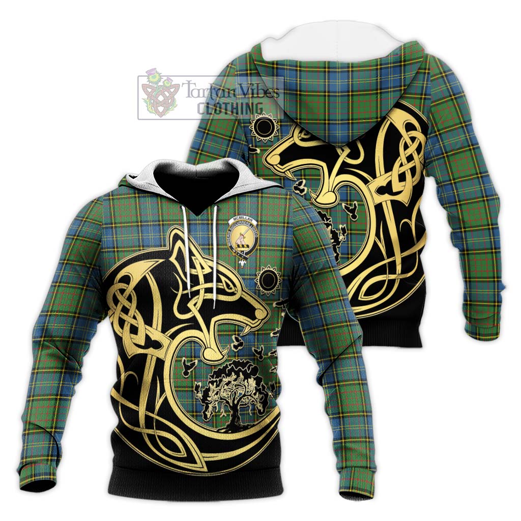 Tartan Vibes Clothing McMillan Hunting Ancient Tartan Knitted Hoodie with Family Crest Celtic Wolf Style