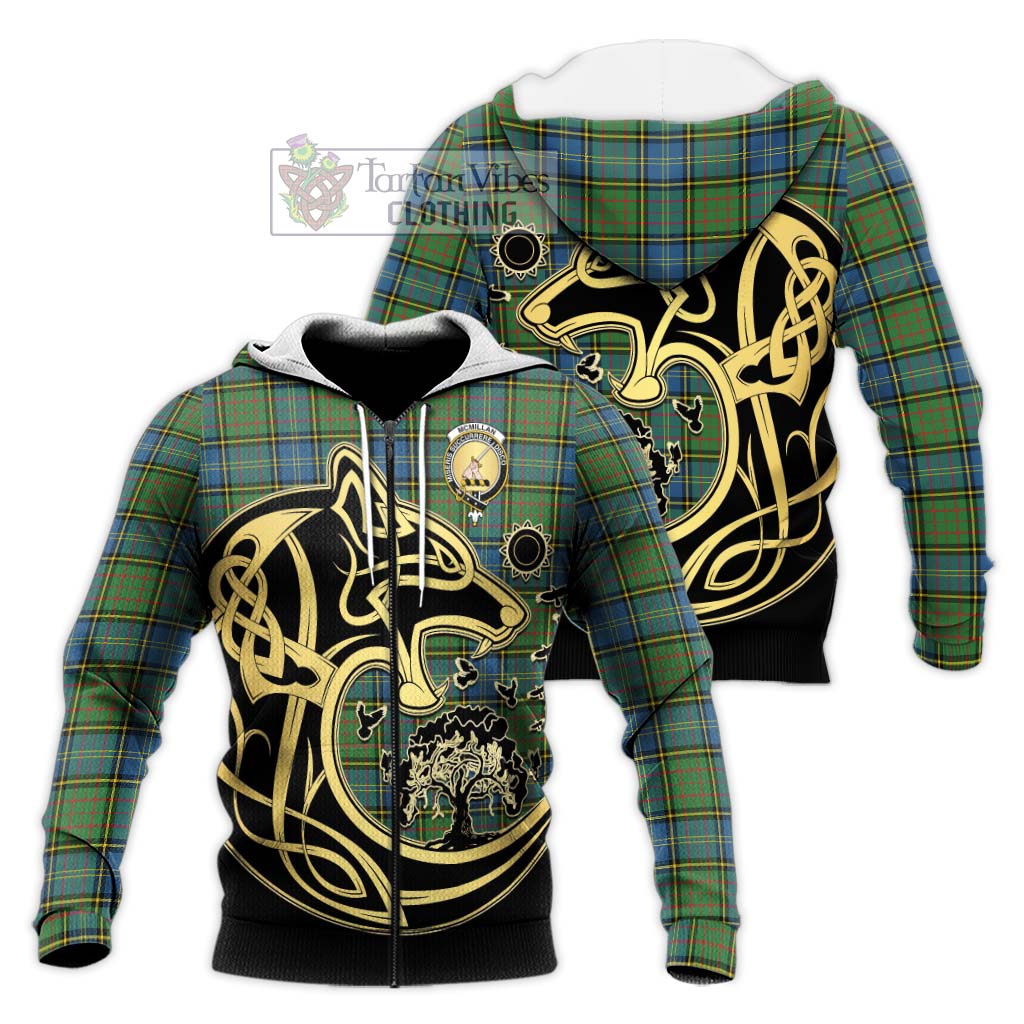 Tartan Vibes Clothing McMillan Hunting Ancient Tartan Knitted Hoodie with Family Crest Celtic Wolf Style