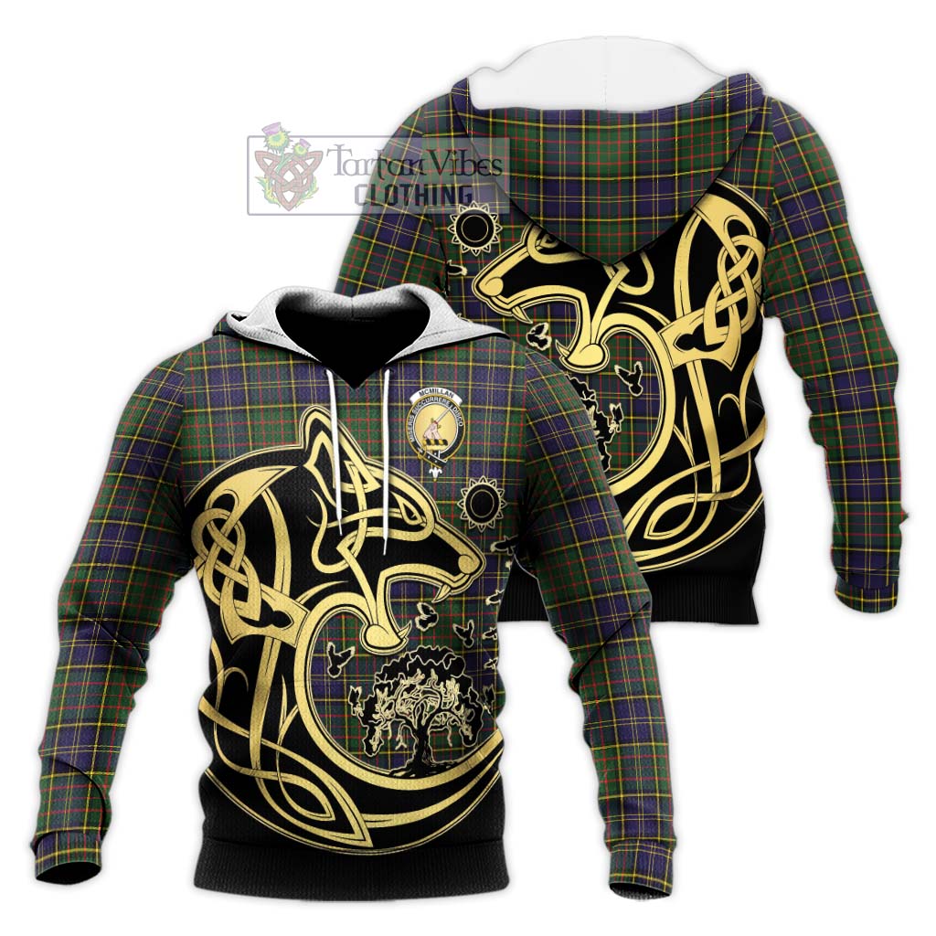 Tartan Vibes Clothing McMillan Hunting Modern Tartan Knitted Hoodie with Family Crest Celtic Wolf Style