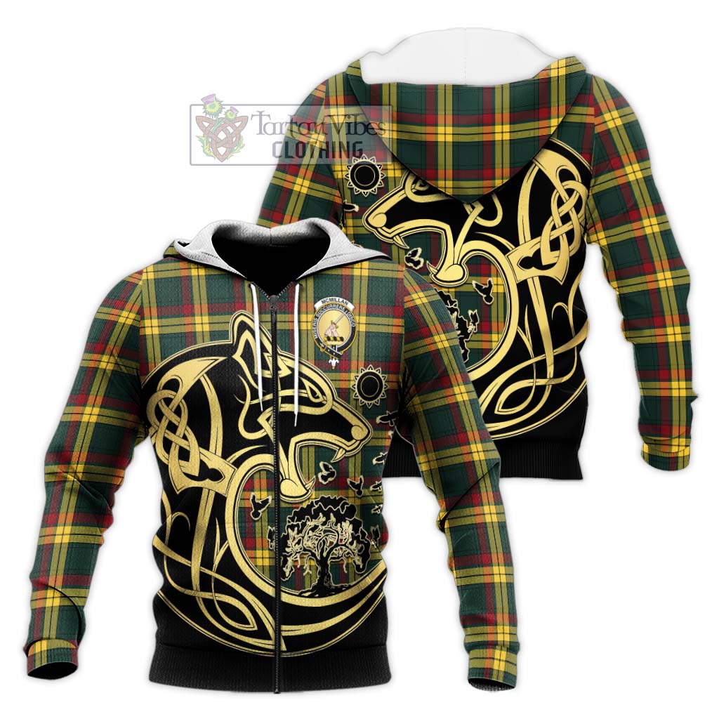 Tartan Vibes Clothing McMillan Old Modern Tartan Knitted Hoodie with Family Crest Celtic Wolf Style