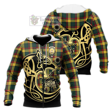 McMillan Old Modern Tartan Knitted Hoodie with Family Crest Celtic Wolf Style