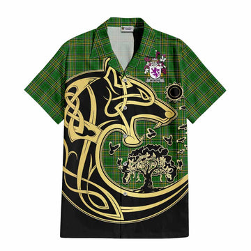 McMore Irish Tartan Short Sleeve Button Shirt with Coat of Arms Celtic Wolf Style