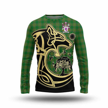 McMore Irish Tartan Long Sleeve T-Shirt with Coat of Arms Celtic Wolf Style