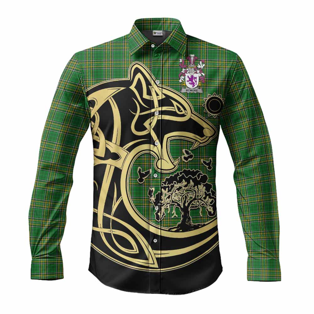 Tartan Vibes Clothing McMore Irish Tartan Long Sleeve Button Shirt with Coat of Arms Celtic Wolf Style