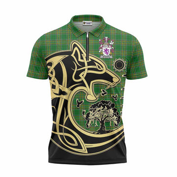 McMore Irish Tartan Zipper Polo Shirt with Coat of Arms Celtic Wolf Style