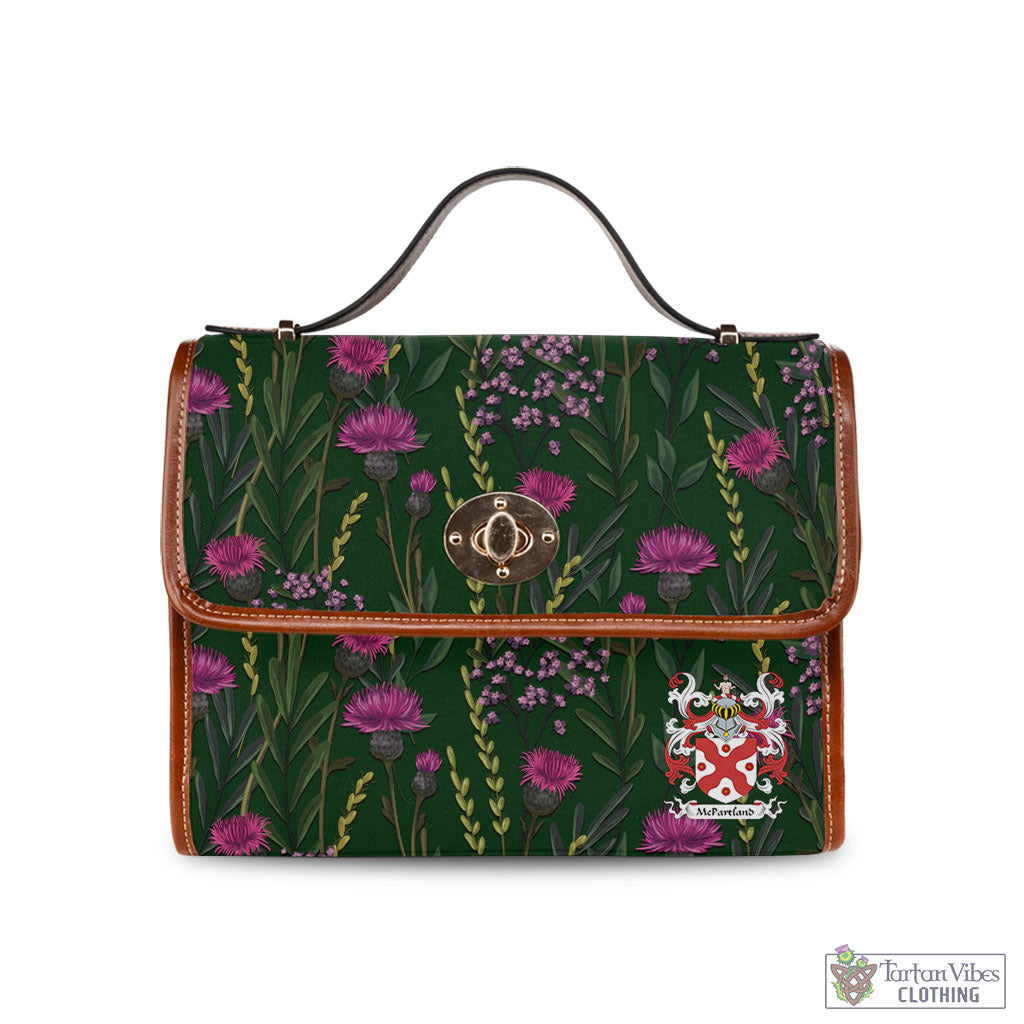 McPartland Family Crest Waterproof Canvas Bag Captivating with Thistle Pattern Brown Leather Strap One Size 10.5*20*27cm - Tartan Vibes Clothing