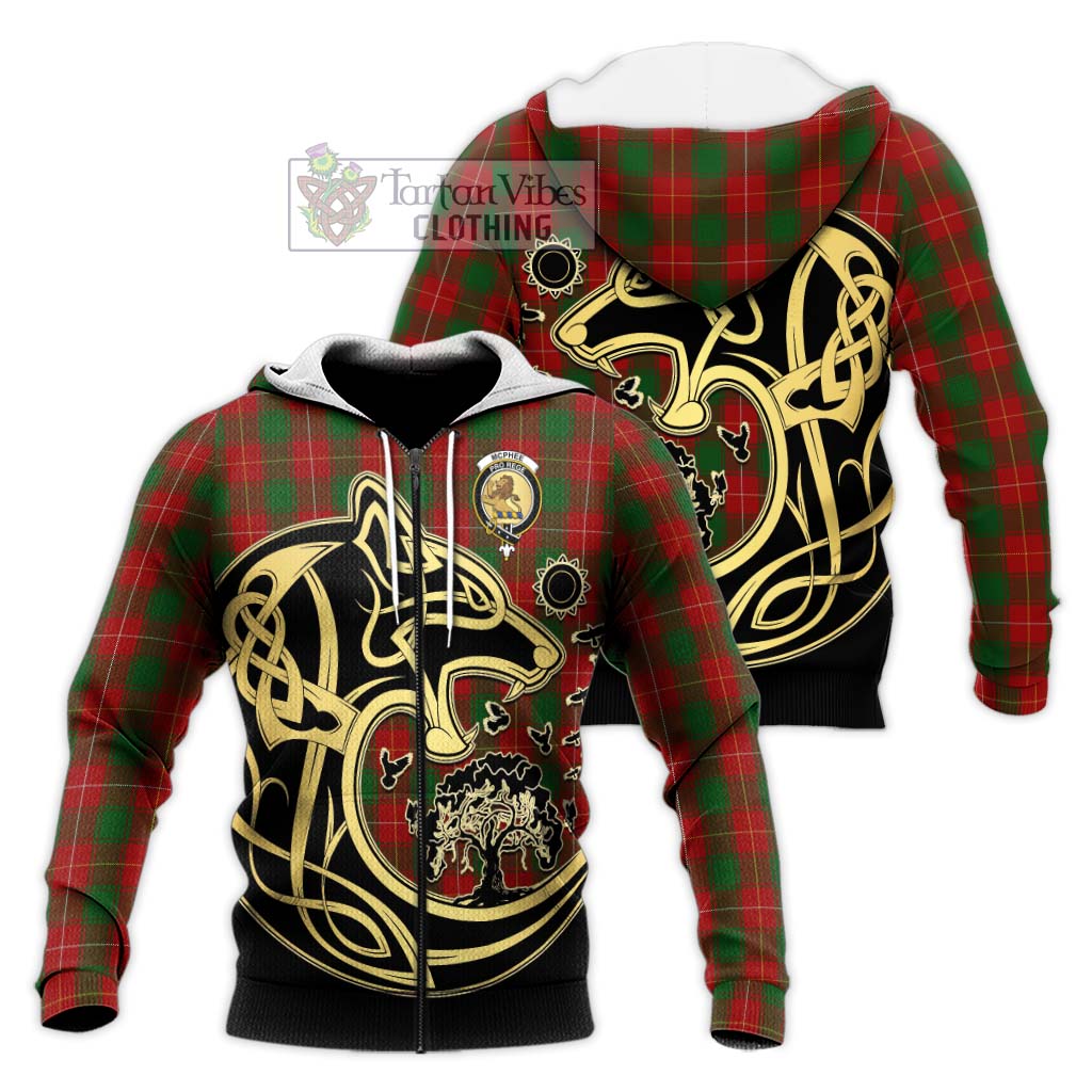 Tartan Vibes Clothing McPhee Tartan Knitted Hoodie with Family Crest Celtic Wolf Style