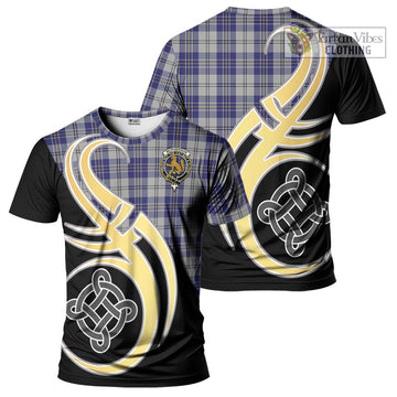 McPherson Dress Blue Tartan T-Shirt with Family Crest and Celtic Symbol Style