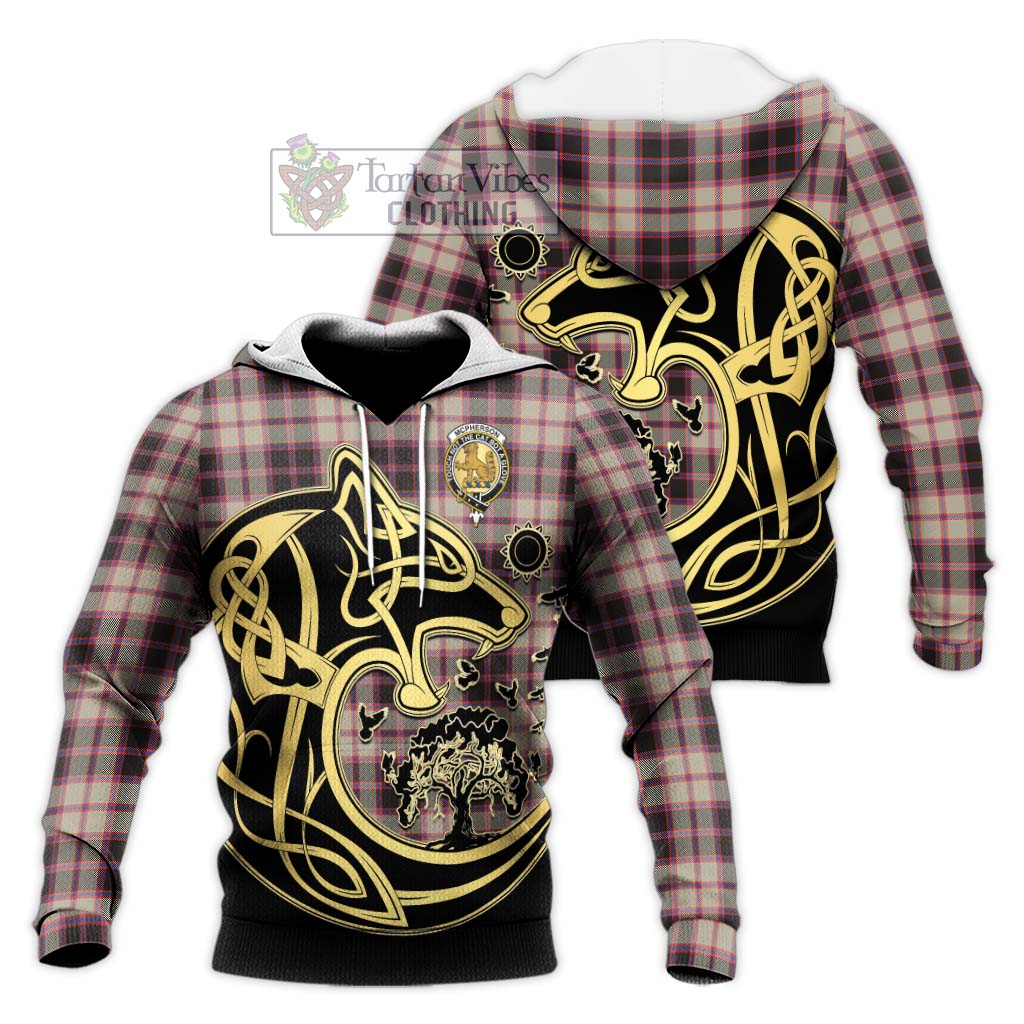 Tartan Vibes Clothing McPherson Hunting Ancient Tartan Knitted Hoodie with Family Crest Celtic Wolf Style