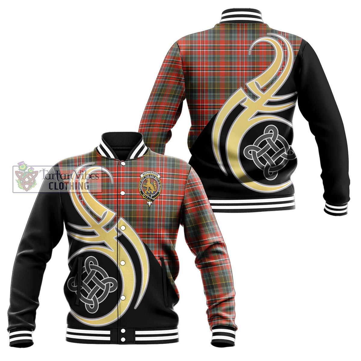 McPherson Weathered Tartan Baseball Jacket with Family Crest and Celtic Symbol Style Unisex - Tartan Vibes Clothing