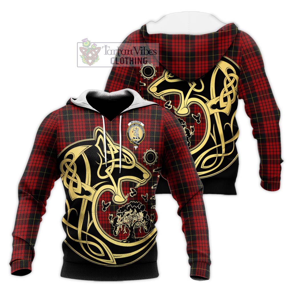 Tartan Vibes Clothing McQueen Tartan Knitted Hoodie with Family Crest Celtic Wolf Style