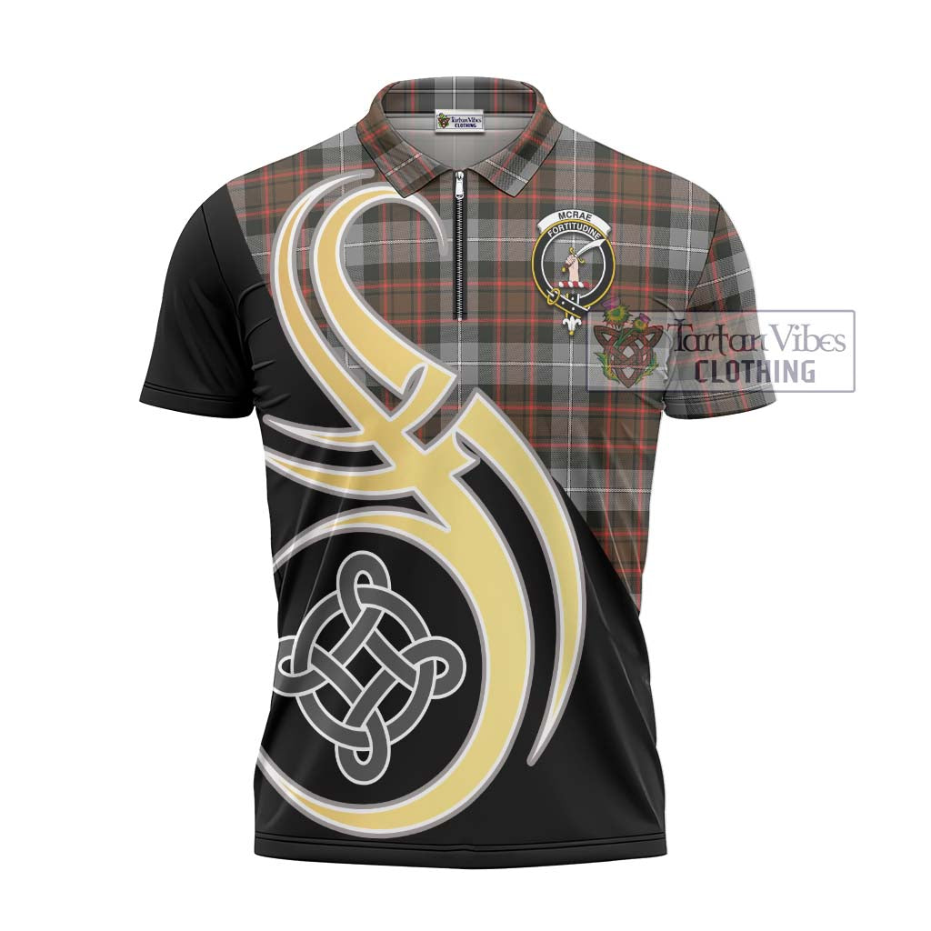 Tartan Vibes Clothing McRae Hunting Weathered Tartan Zipper Polo Shirt with Family Crest and Celtic Symbol Style