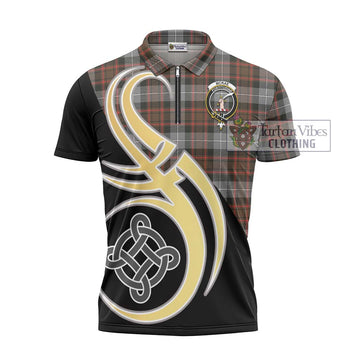 McRae Hunting Weathered Tartan Zipper Polo Shirt with Family Crest and Celtic Symbol Style