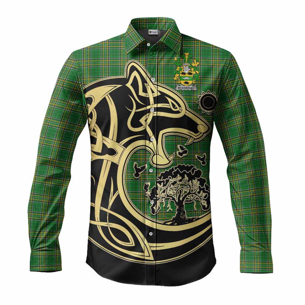 McSweeney Irish Tartan Long Sleeve Button Shirt with Coat of Arms Celtic Wolf Style Men's Shirt S - Tartan Vibes Clothing
