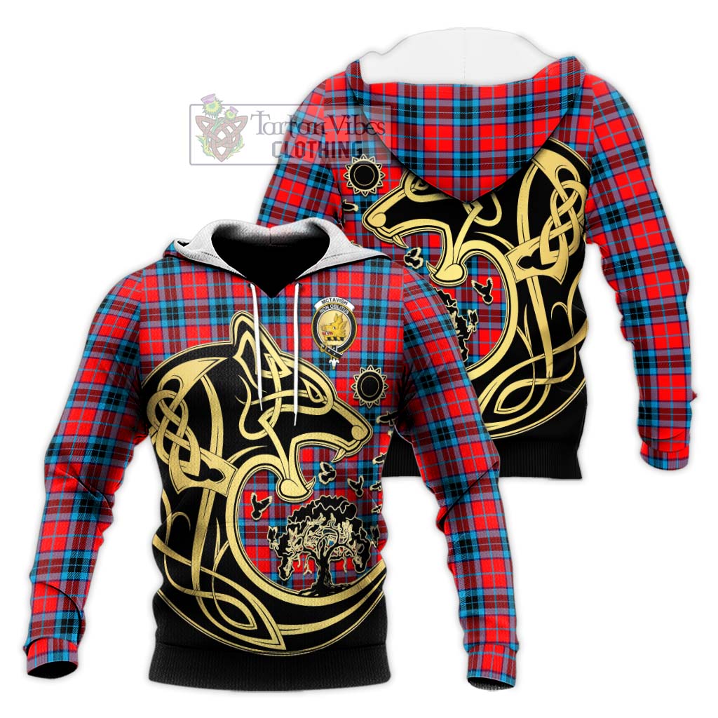 Tartan Vibes Clothing McTavish Modern Tartan Knitted Hoodie with Family Crest Celtic Wolf Style