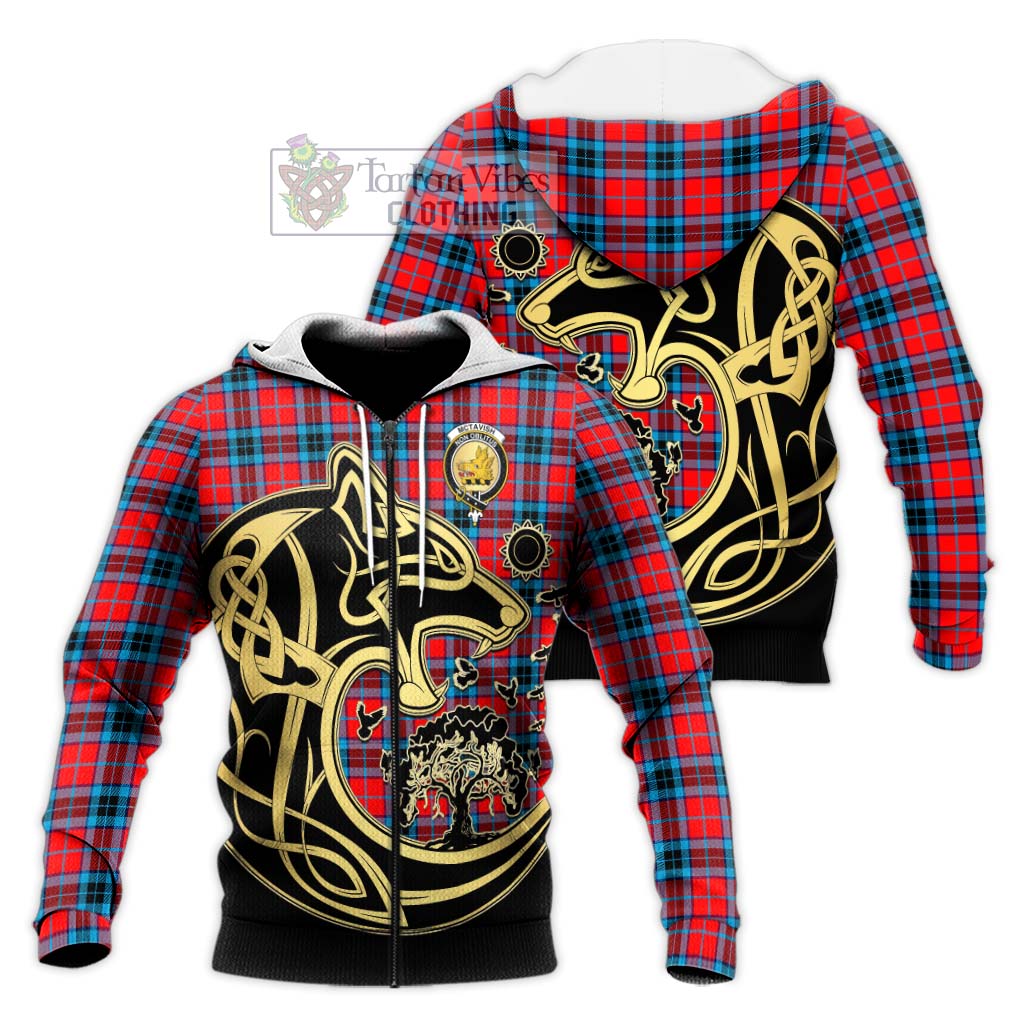 Tartan Vibes Clothing McTavish Modern Tartan Knitted Hoodie with Family Crest Celtic Wolf Style