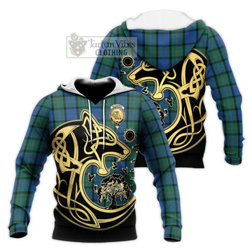 McThomas Tartan Knitted Hoodie with Family Crest Celtic Wolf Style