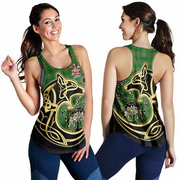 McTiernan Irish Tartan Women's Racerback Tanks with Coat of Arms Celtic Wolf Style