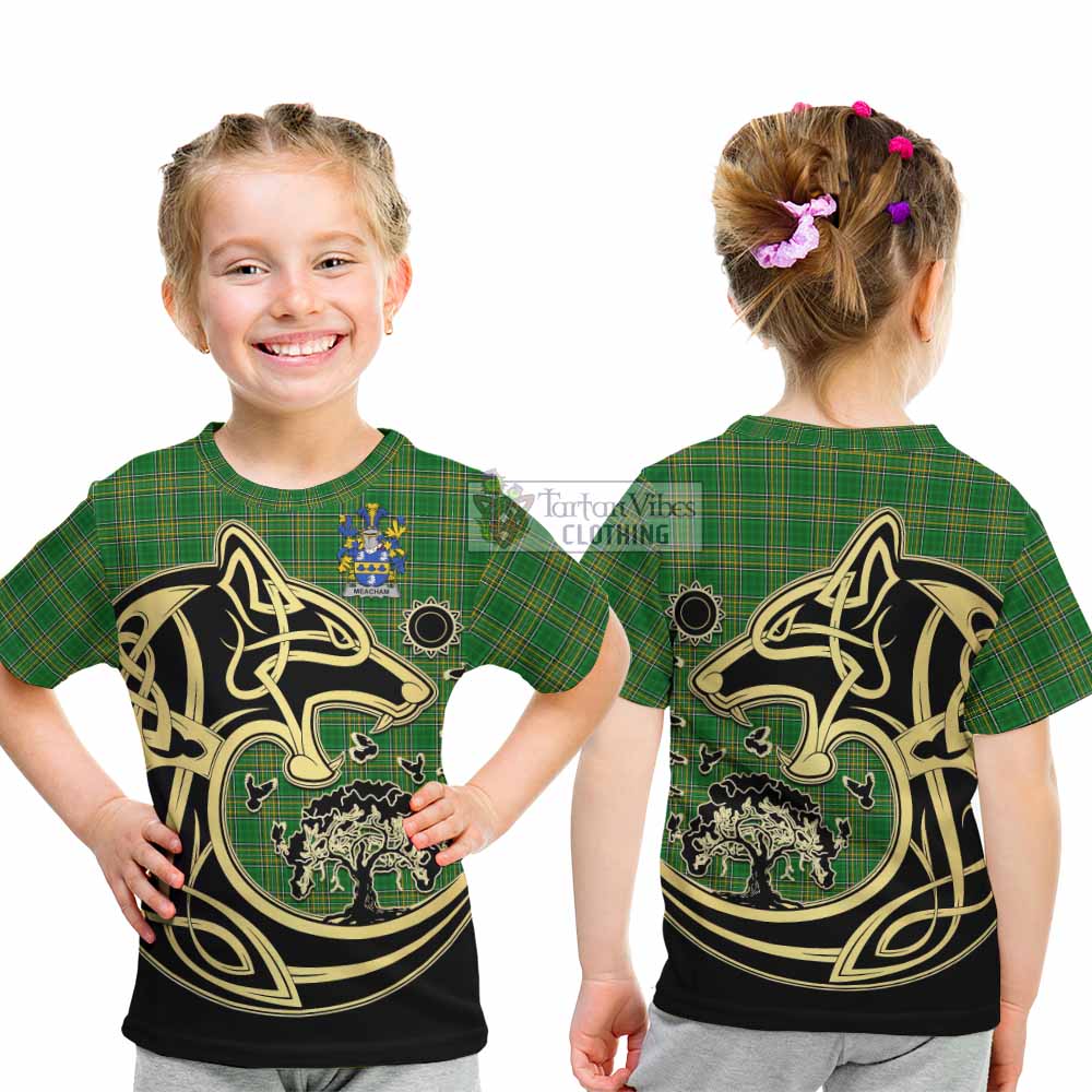 Meacham Irish Tartan Kid T-Shirt with Coat of Arms Celtic Wolf Style - Tartan Vibes Clothing