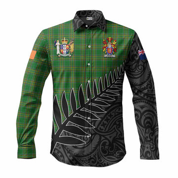 Meara Irish Clan Tartan Long Sleeve Button Shirt with Coat of Arms New Zealand Silver Fern Half Style