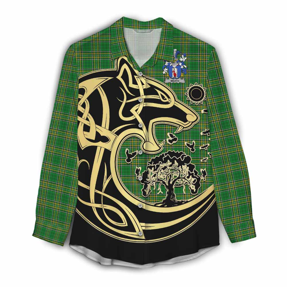 Meath Irish Tartan Women's Casual Shirt with Coat of Arms Celtic Wolf Style Female - Tartan Vibes Clothing