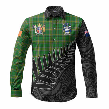 Meighe Irish Clan Tartan Long Sleeve Button Shirt with Coat of Arms New Zealand Silver Fern Half Style Men's Shirt S - Tartan Vibes Clothing