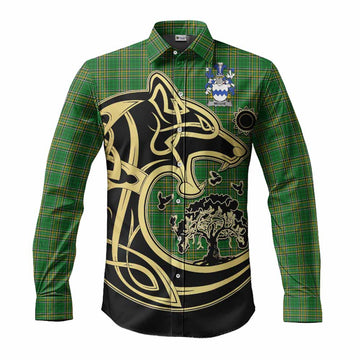 Meighe Irish Tartan Long Sleeve Button Shirt with Coat of Arms Celtic Wolf Style Men's Shirt S - Tartan Vibes Clothing