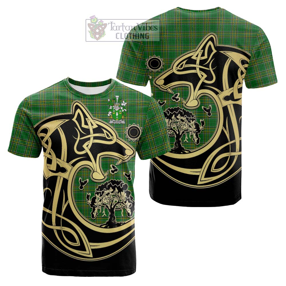 Meldon Irish Tartan Cotton T-shirt with Coat of Arms Celtic Wolf Style - Tartan Vibes Clothing